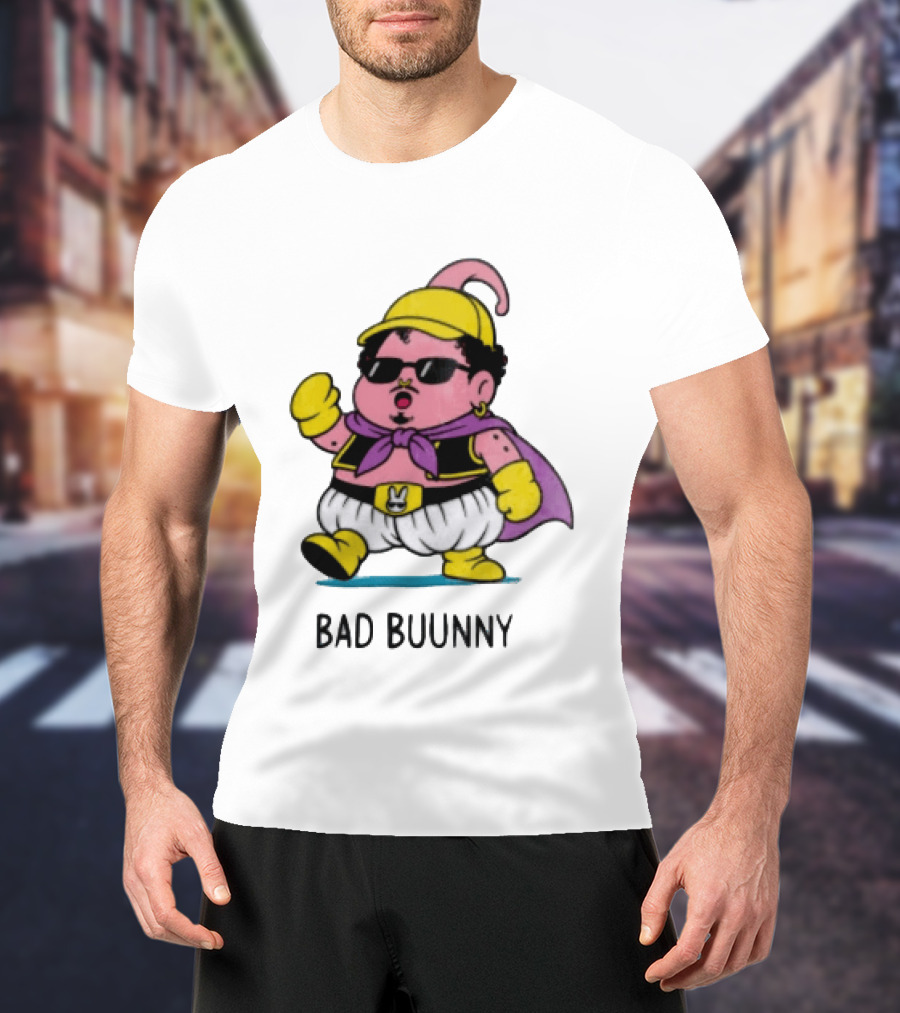 Bad Buunny Pink Majin Buu Sunglasses Yellow Hat Cape Cartoon T-Shirt