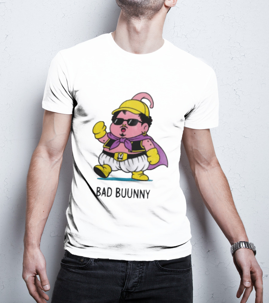 Bad Buunny Pink Majin Buu Sunglasses Yellow Hat Cape Cartoon T-Shirt