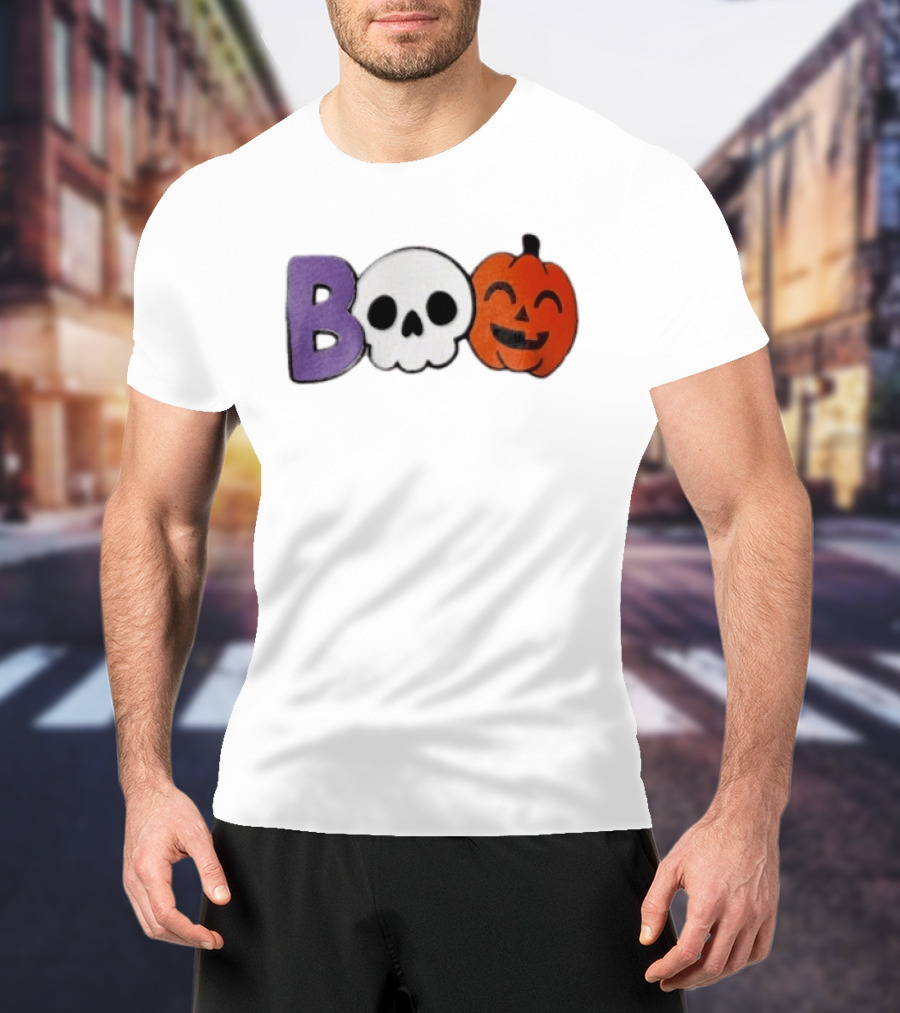 BOO Skull Pumpkin Purple Letter Halloween Fun T-Shirt