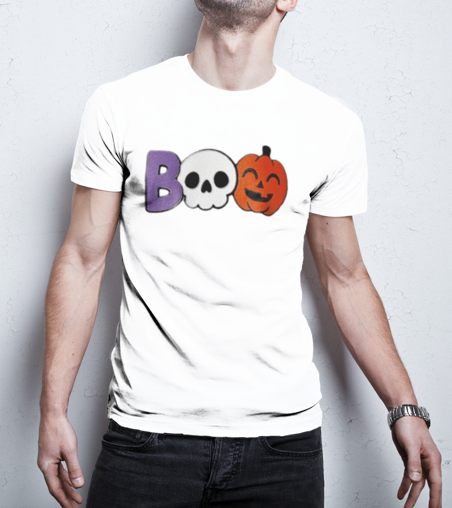 BOO Skull Pumpkin Purple Letter Halloween Fun T-Shirt