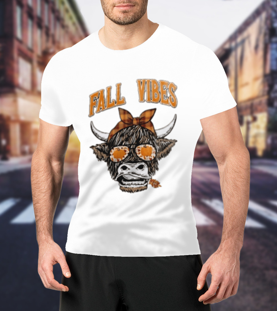Fall Vibes Highland Cow Plaid Bow Sunglasses Pumpkins T-Shirt