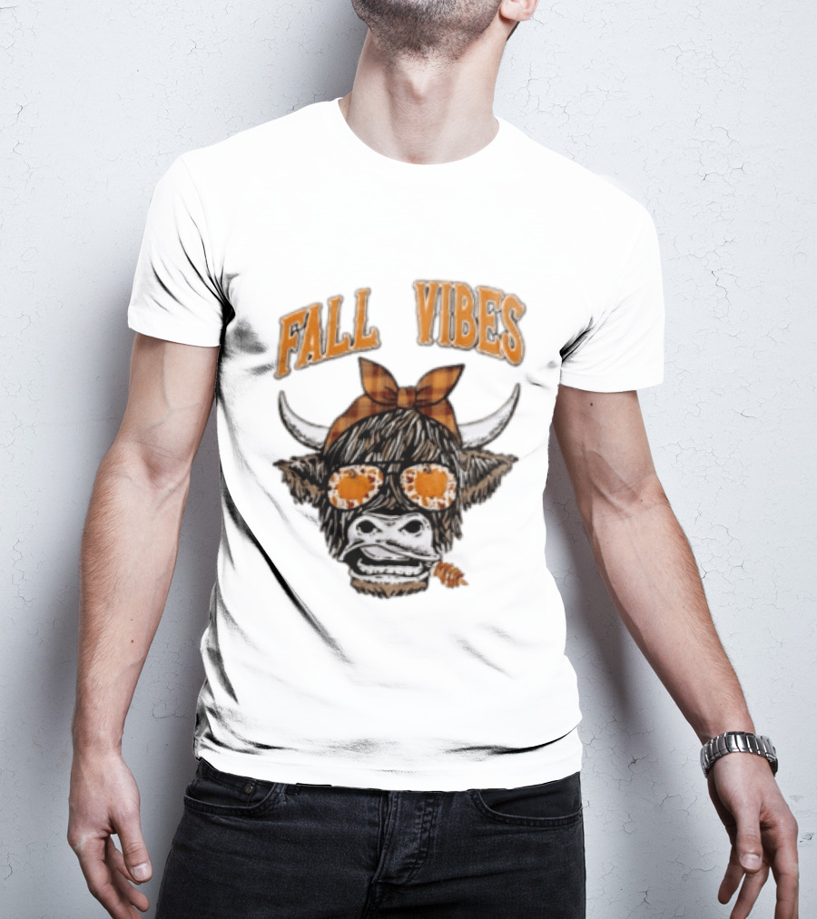 Fall Vibes Highland Cow Plaid Bow Sunglasses Pumpkins T-Shirt