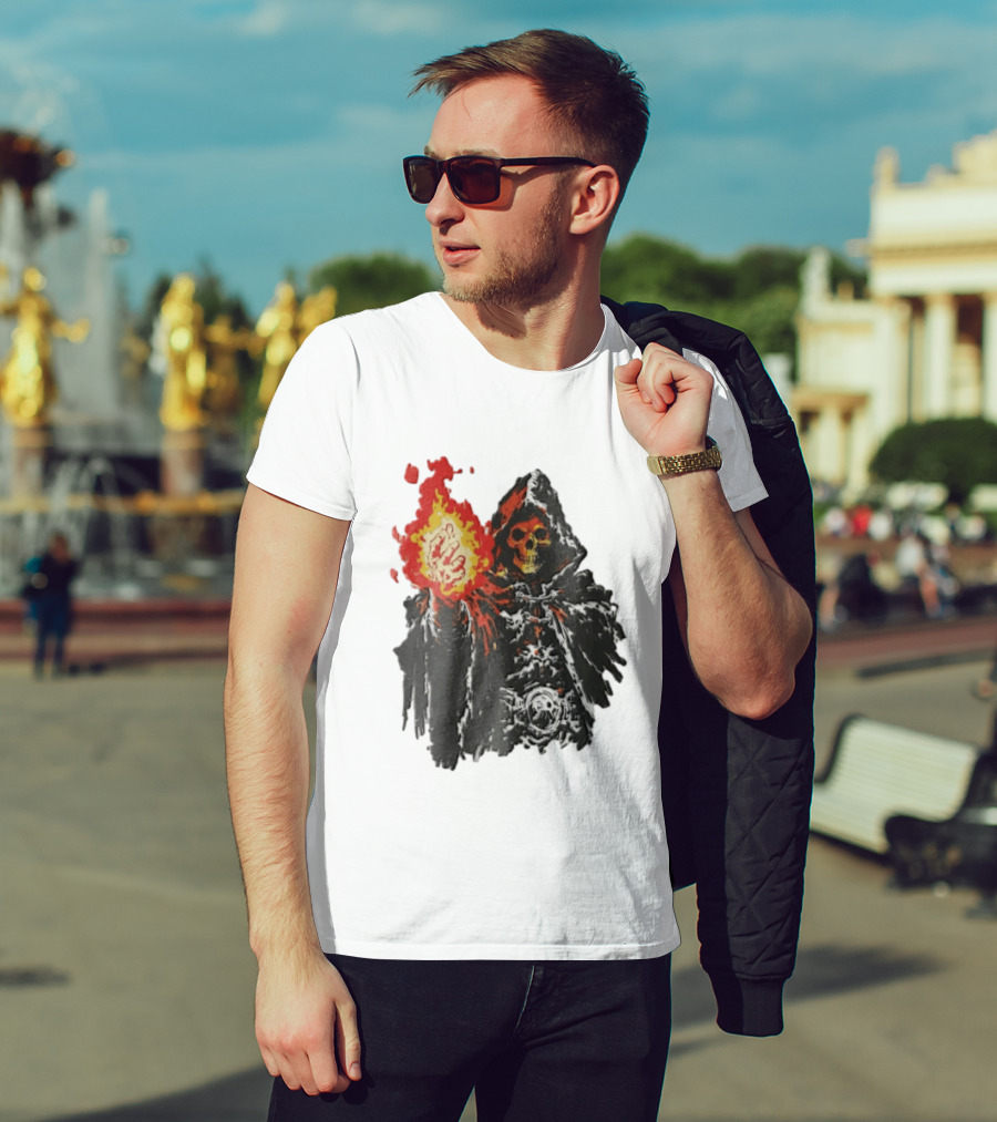 Skeleton Holding Fire Skeletor Hooded Cloak And Fiery Fist T-Shirt