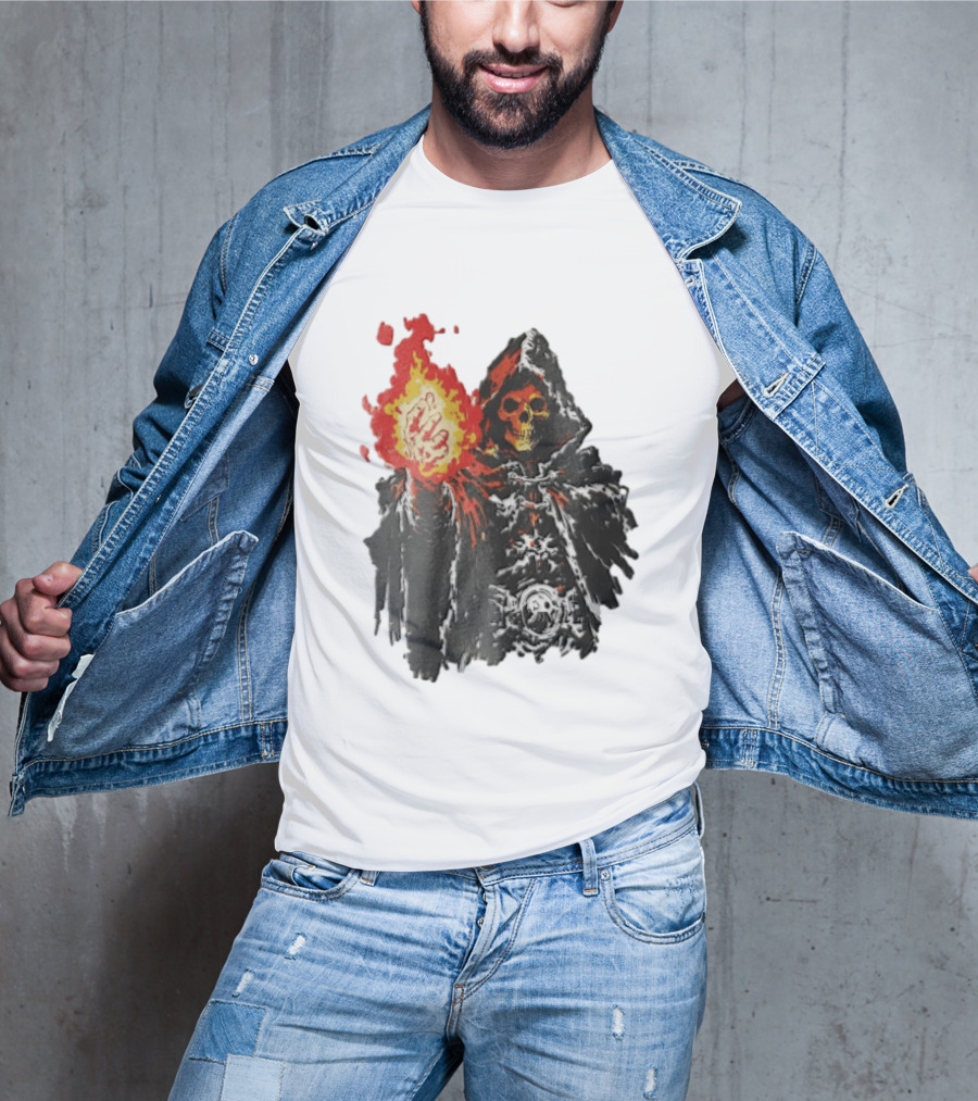 Skeleton Holding Fire Skeletor Hooded Cloak And Fiery Fist T-Shirt
