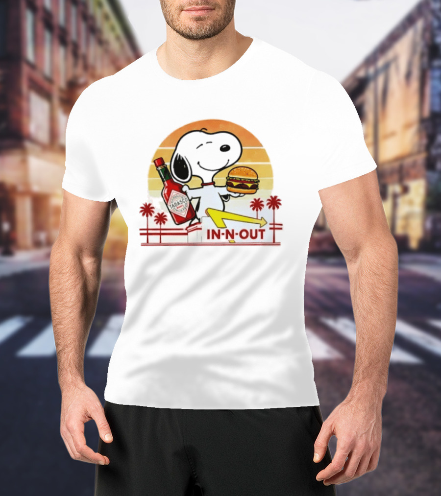 Snoopy Holding Tabasco Bottle And In N Out Burger Delightful Combination T-Shirt
