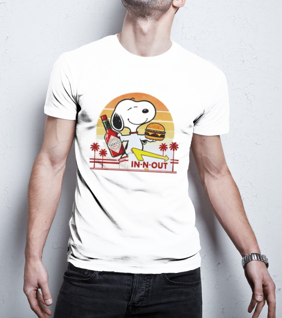 Snoopy Holding Tabasco Bottle And In N Out Burger Delightful Combination T-Shirt