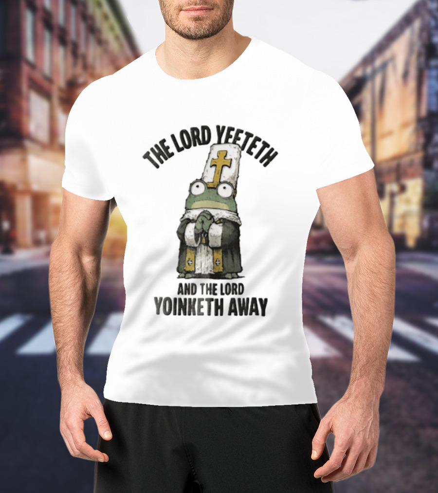 The Lord Yeeteth And The Lord Yoinketh Away Frog In Religious Vestments With Mitre Praying T-Shirt