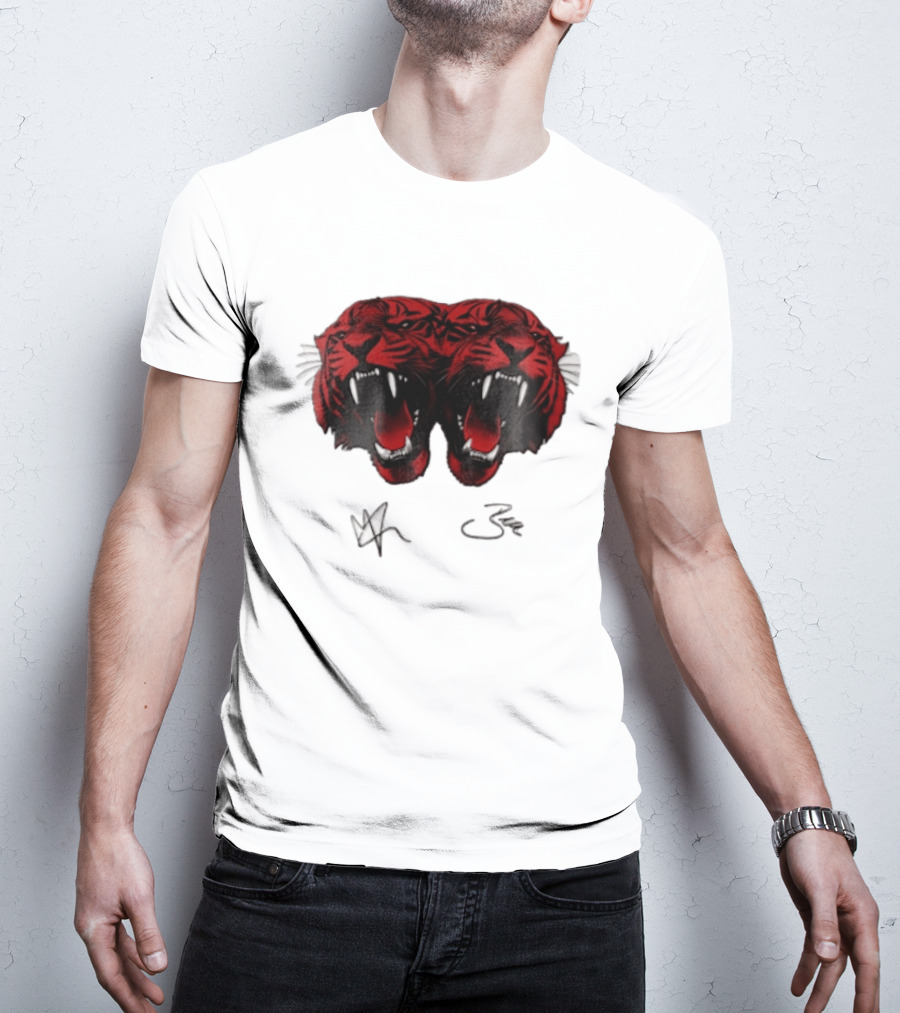 Tigers Heads Roaring Red Dual Fierce Animal T-Shirt