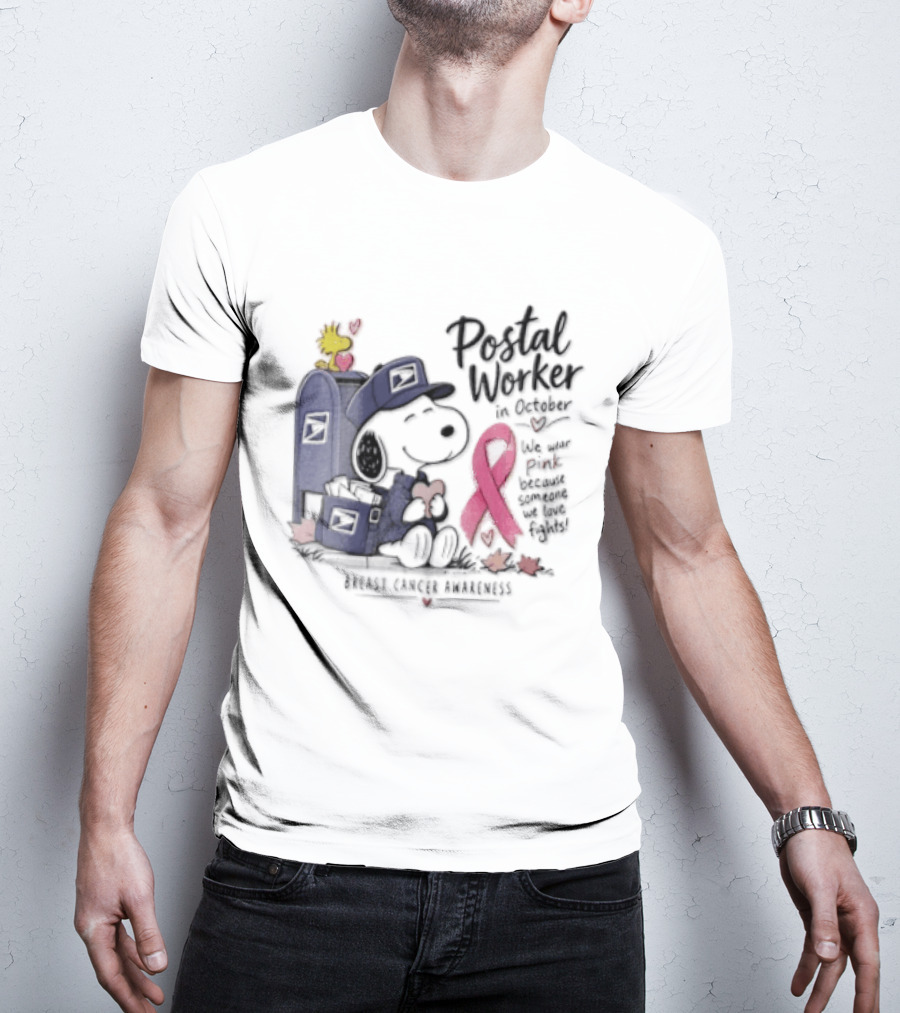 Postal Worker Snoopy And Woodstock With Pink Ribbon Supporting Fighters T-Shirt