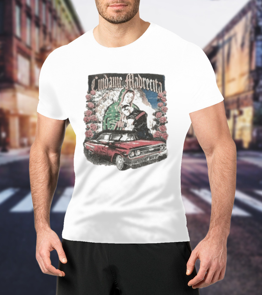 Cuidame Madrecita Red Classic Car With Roses And Religious T-Shirt