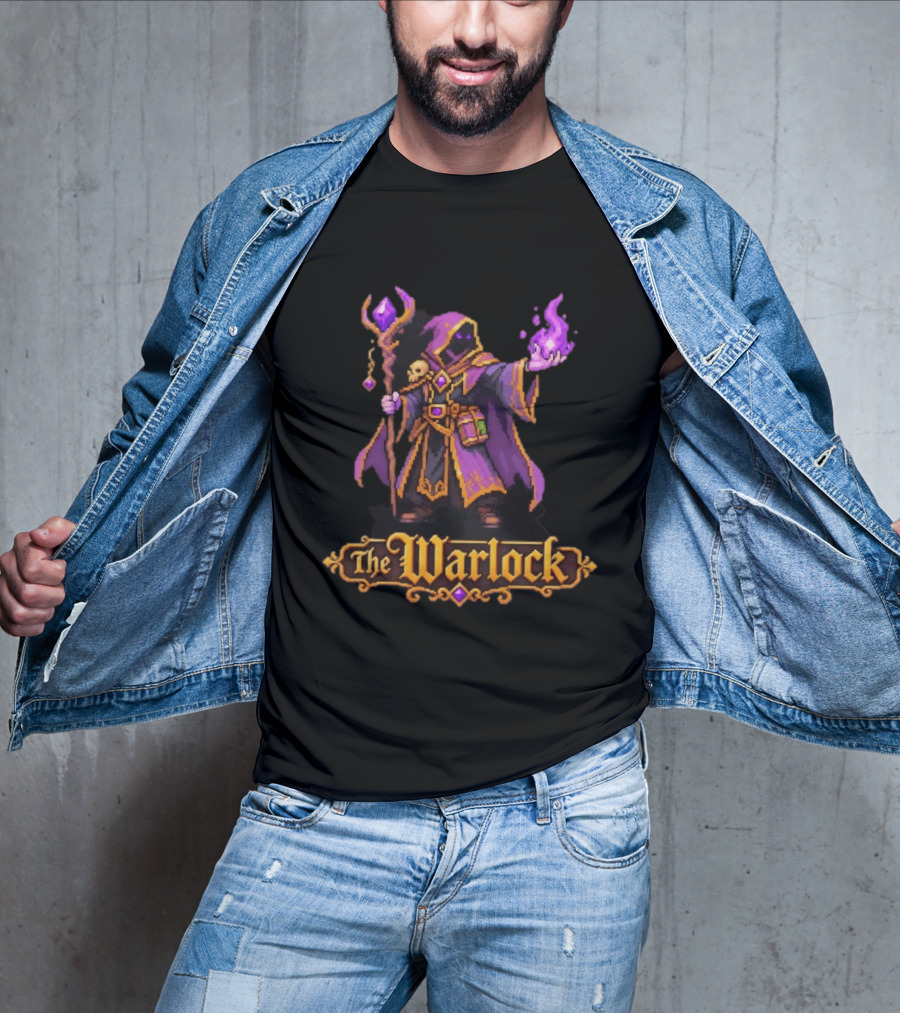 The Warlock 16 Bit Game Cartoon Purple Magic Robe Wizard T-Shirt