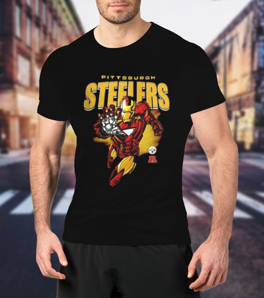 Pittsburgh Steelers Iron Man Flying Forward Graphic Suit Officially Licensed NFL Marvel Collaboration T-Shirt