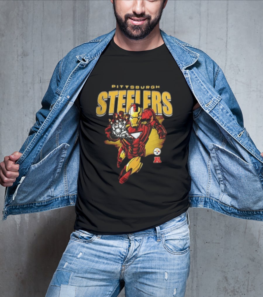 Pittsburgh Steelers Iron Man Flying Forward Graphic Suit Officially Licensed NFL Marvel Collaboration T-Shirt