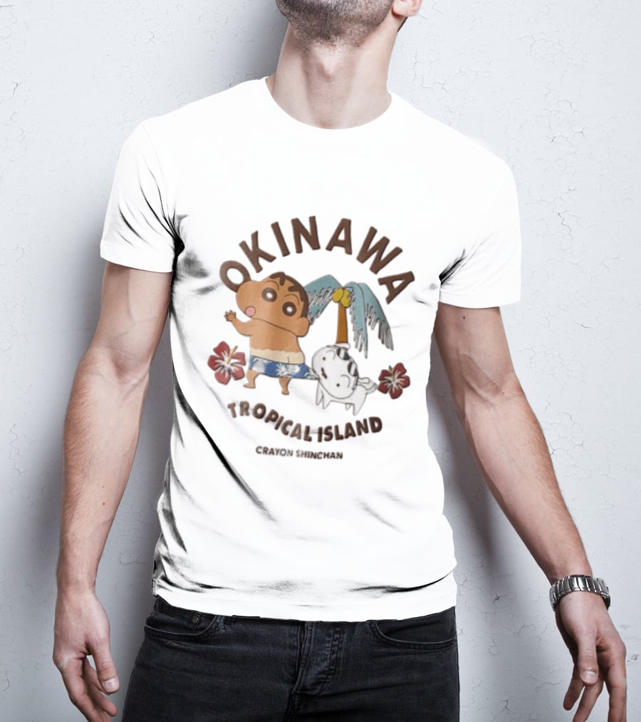 Okinawa Tropical Island Crayon Shin Chan Shinnosuke Nohara Shiro Palm Tree Hibiscus T-Shirt
