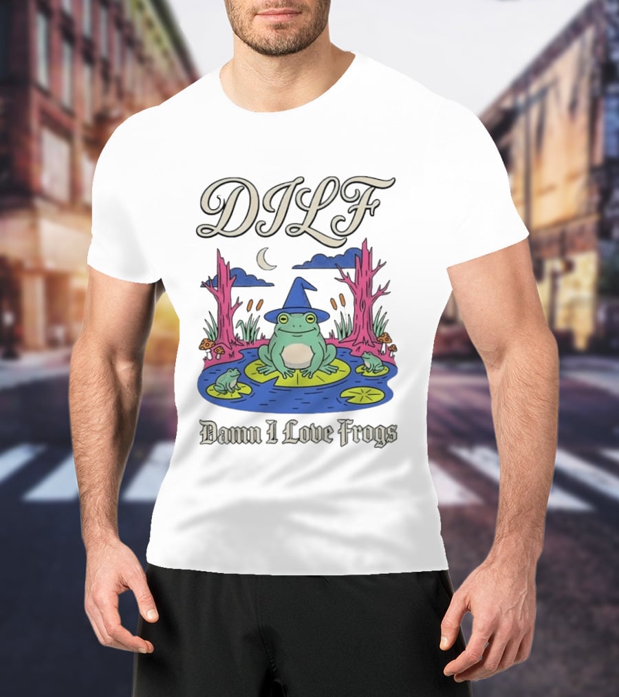 DILF Damn I Love Frogs Cartoon Frog In Pond With Wizard Hat T-Shirt