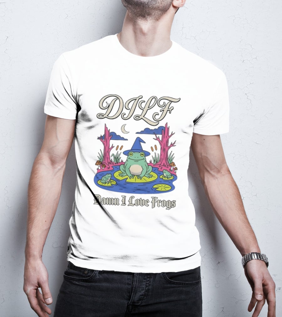 DILF Damn I Love Frogs Cartoon Frog In Pond With Wizard Hat T-Shirt