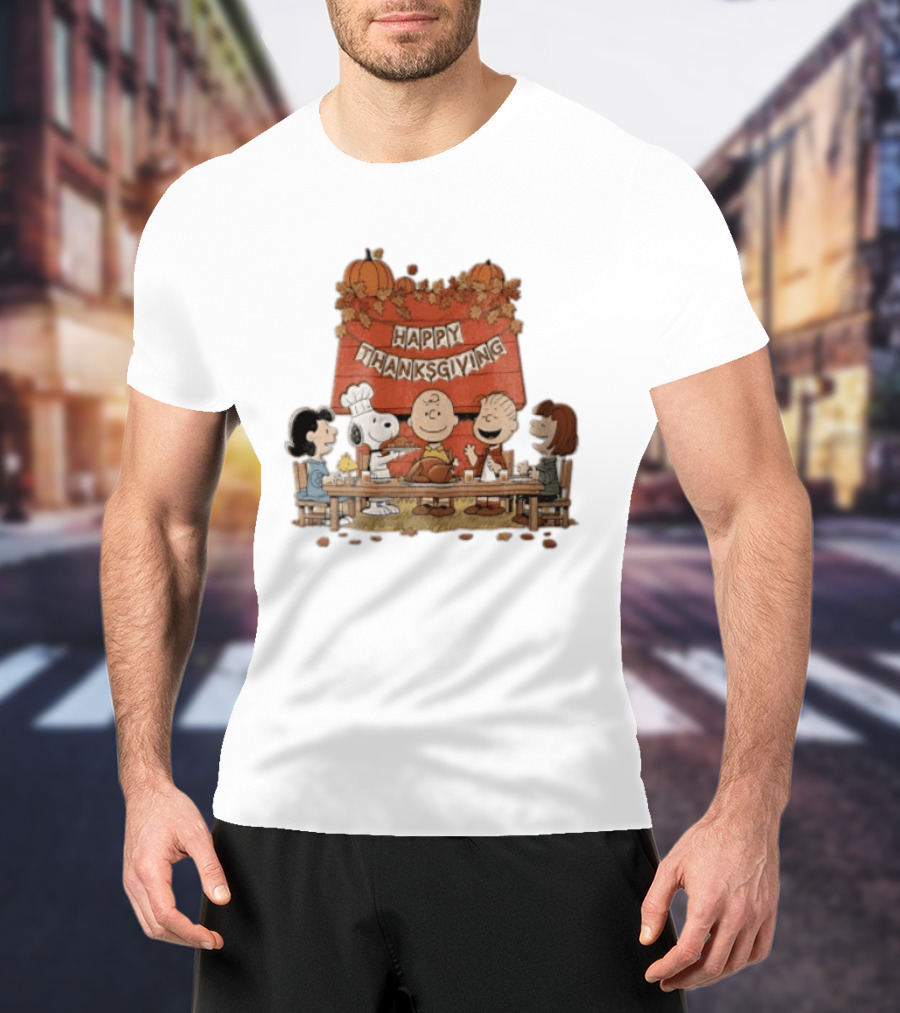 Peanuts Charlie Brown Snoopy Woodstock Lucy Linus Happy Thanksgiving Holiday Celebration T-Shirt