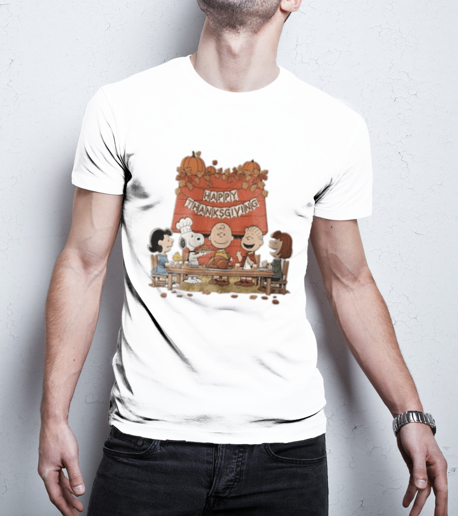 Peanuts Charlie Brown Snoopy Woodstock Lucy Linus Happy Thanksgiving Holiday Celebration T-Shirt