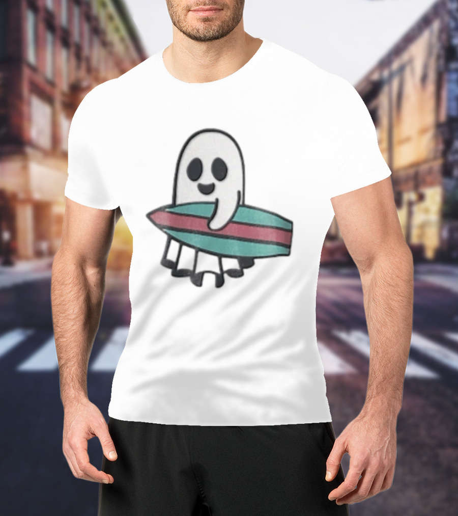 Ghost Holding Surfboard Cartoon Fun Cute Spooky Beach Vibes T-Shirt