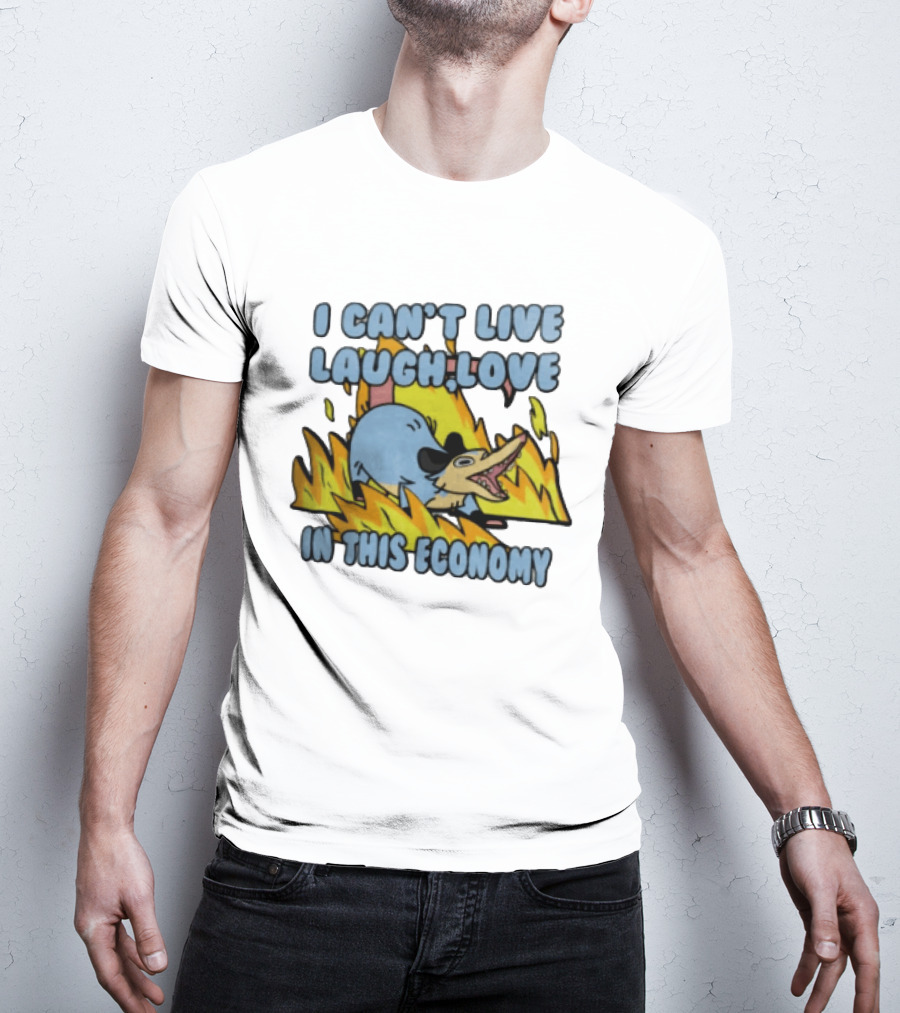 I Can't Live Laugh Love In This Economy Opossum Screaming Fire Cartoon T-Shirt