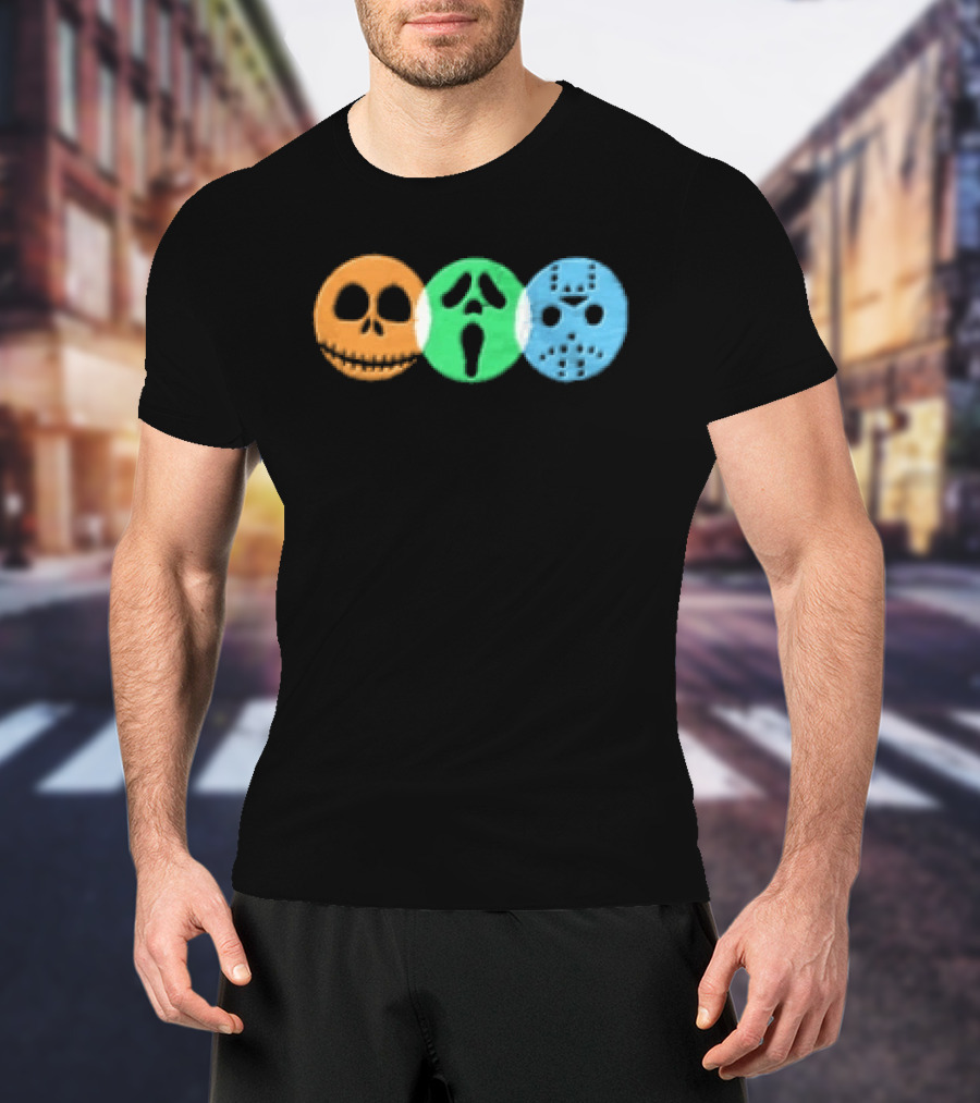 Halloween Horror Characters Colorful Circles Skulls And Masks T-Shirt