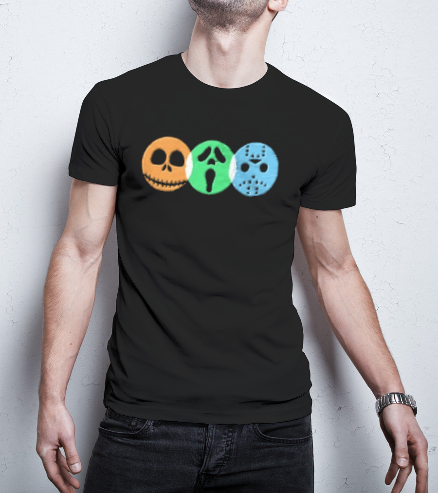 Halloween Horror Characters Colorful Circles Skulls And Masks T-Shirt