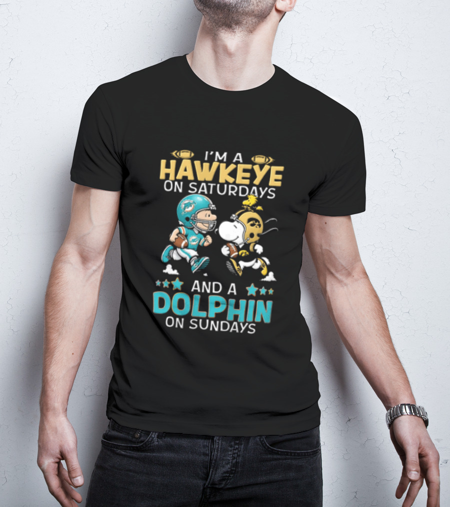 Hawkeye On Saturdays Dolphin On Sundays Charlie Brown Snoopy Woodstock Football T-Shirt