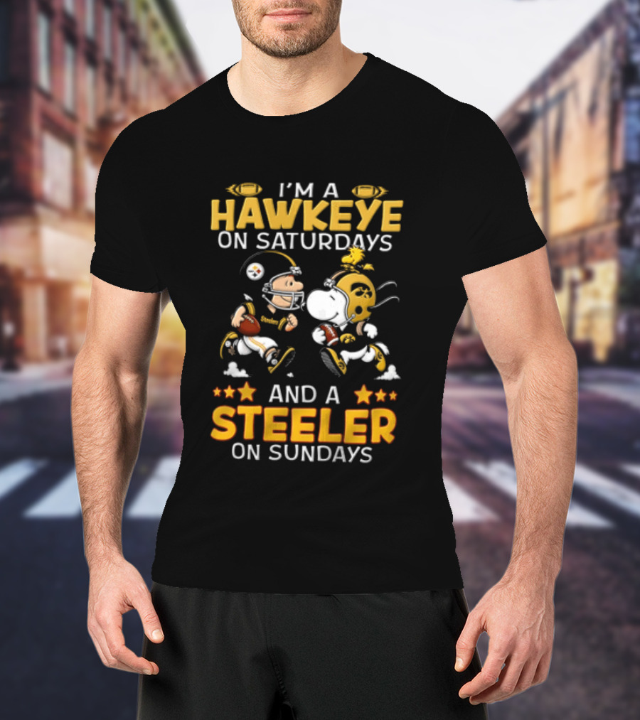 I'm A Hawkeye On Saturdays And A Steeler On Sundays Charlie Brown Snoopy Woodstock Football T-Shirt