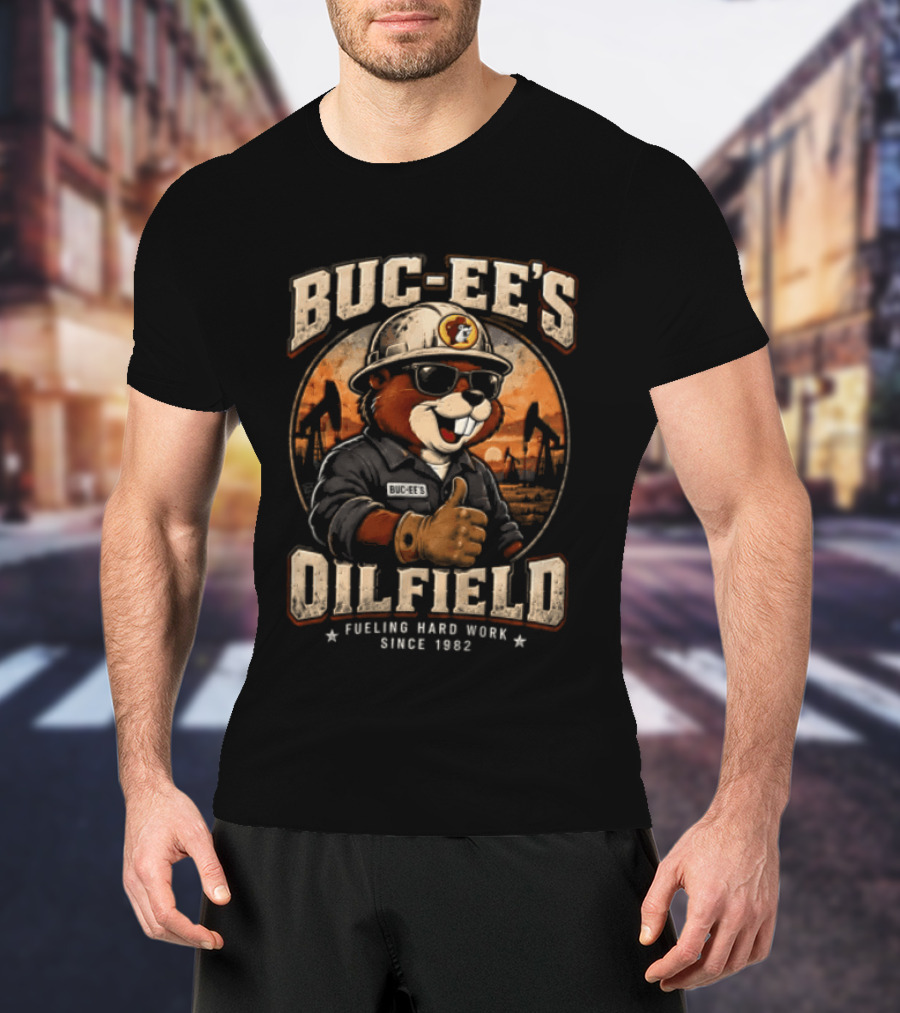 Buc Ee's Oilfield Beaver Hard Hat Sunglasses Thumbs Up Fueling Hard Work Since 1982 T-Shirt