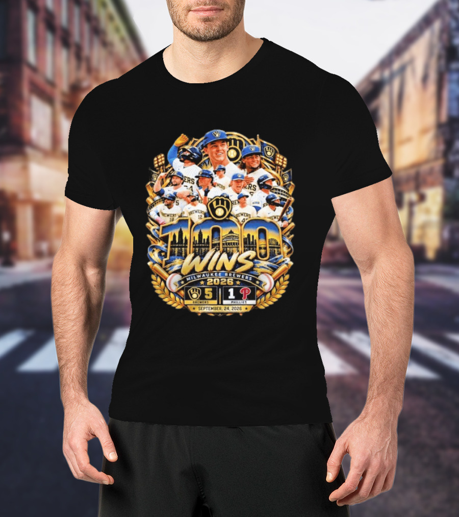 Milwaukee Brewers 100 Wins Celebration Vs Philadelphia Phillies September 24 2026 T-Shirt