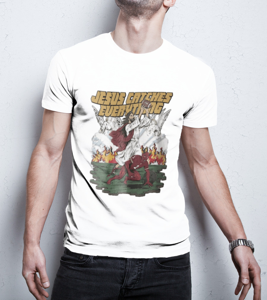 Jesus Catches Everything Angel Vs Devil Football Battle T-Shirt