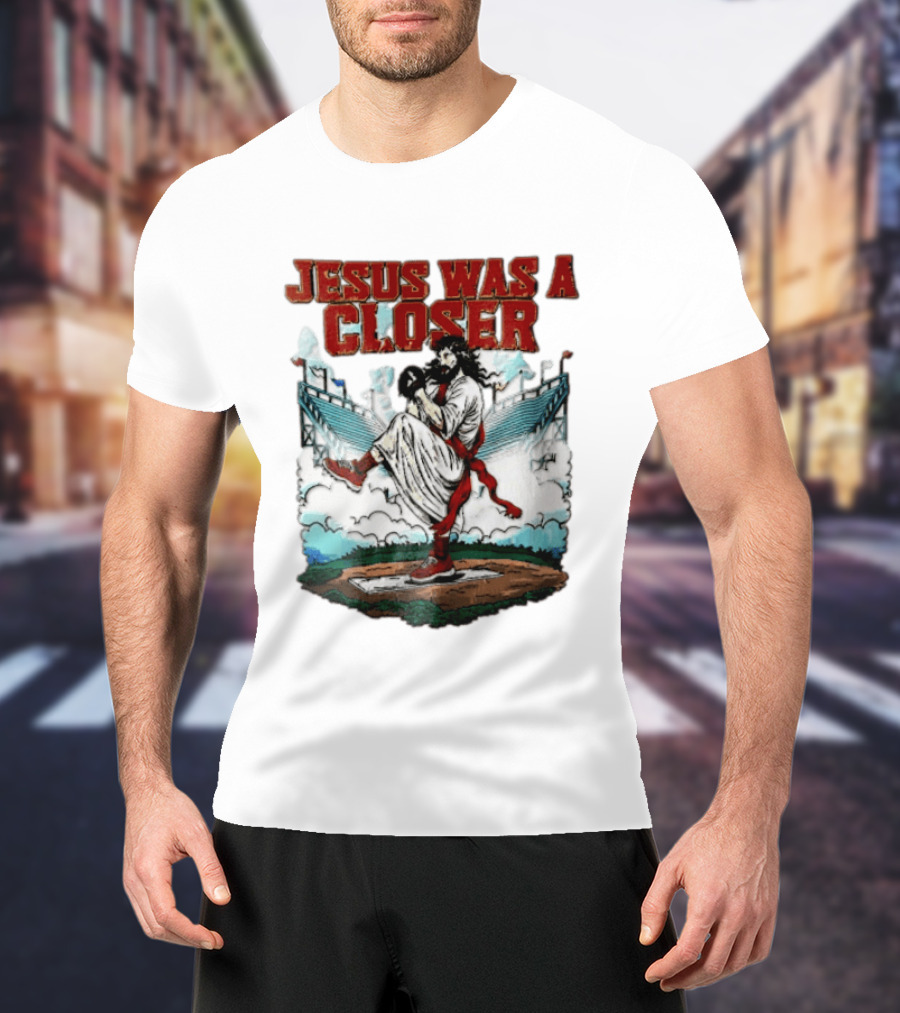 Jesus Was A Closer Baseball Pitcher Heavenly Stadium Scene T-Shirt