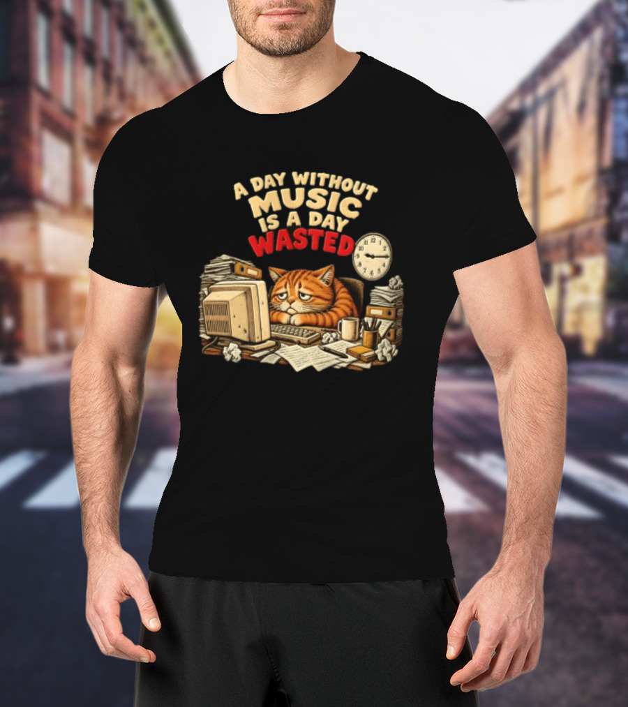 A Day Without Music Is A Day Wasted Sad Orange Cat Office Desk Motivation T-Shirt
