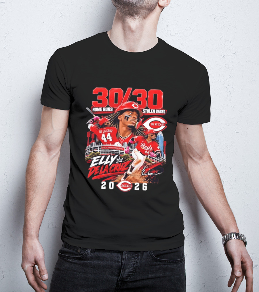30 30 Home Runs Stolen Bases Elly De La Cruz Cincinnati Reds 44 Great American Ball Park 2026 T-Shirt