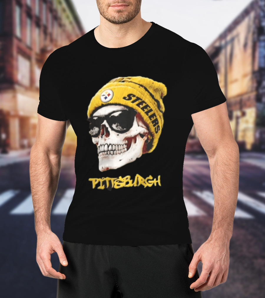 Pittsburgh Steelers Skull Yellow Beanie Sunglasses T-Shirt