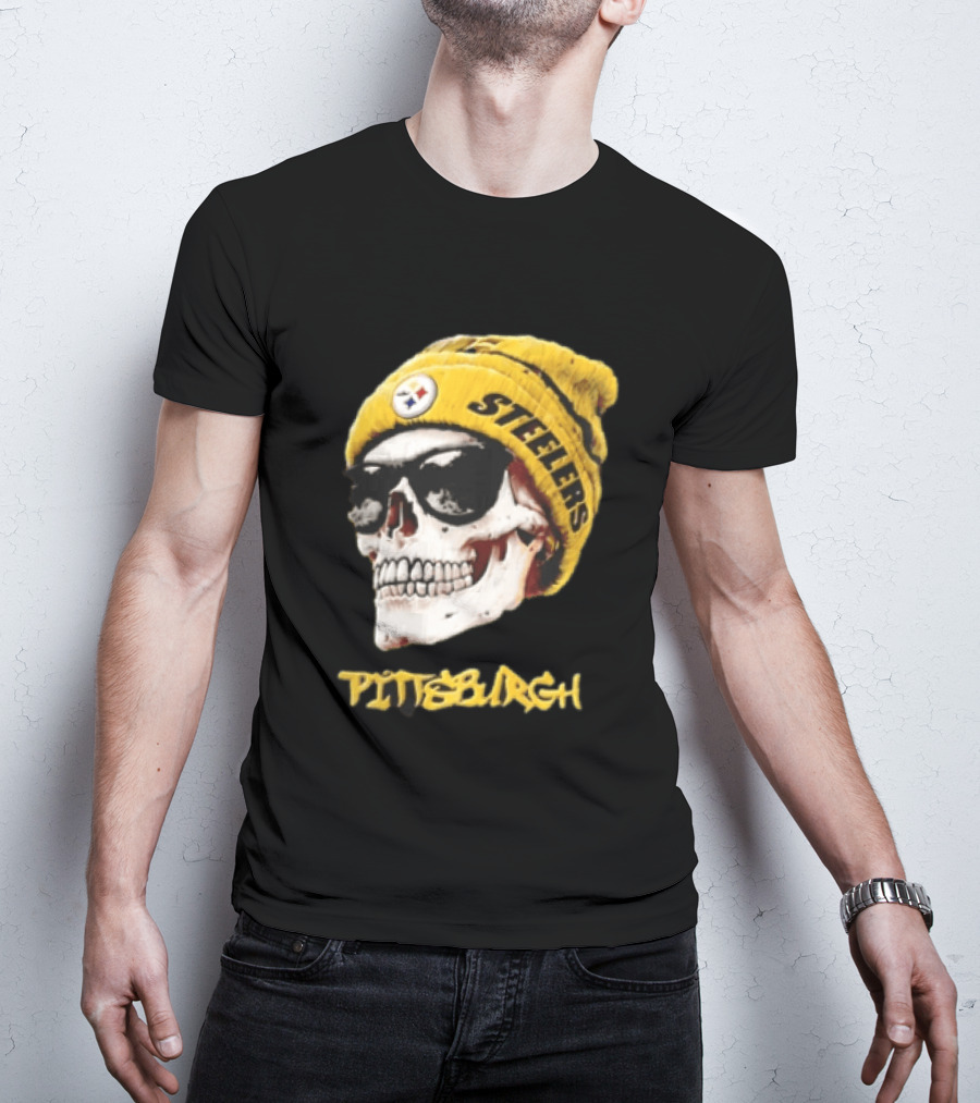 Pittsburgh Steelers Skull Yellow Beanie Sunglasses T-Shirt