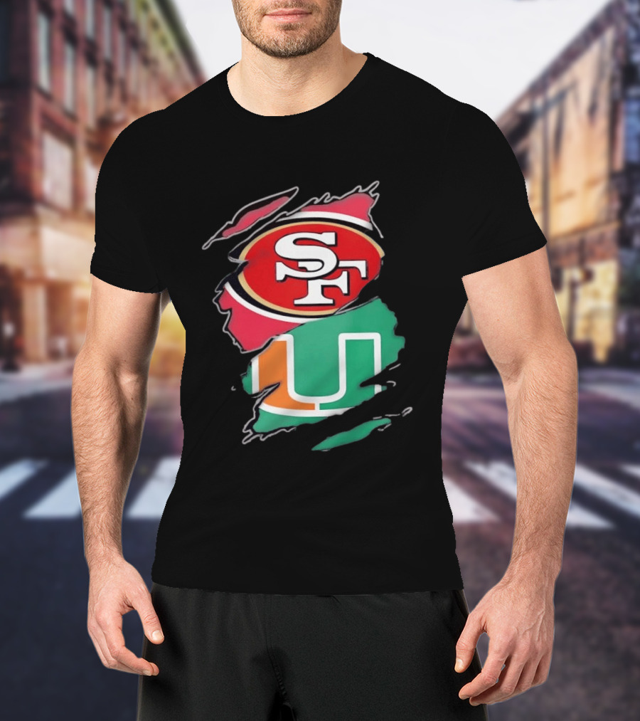 San Francisco 49ers SF And Miami Hurricanes U Distressed Logos T-Shirt