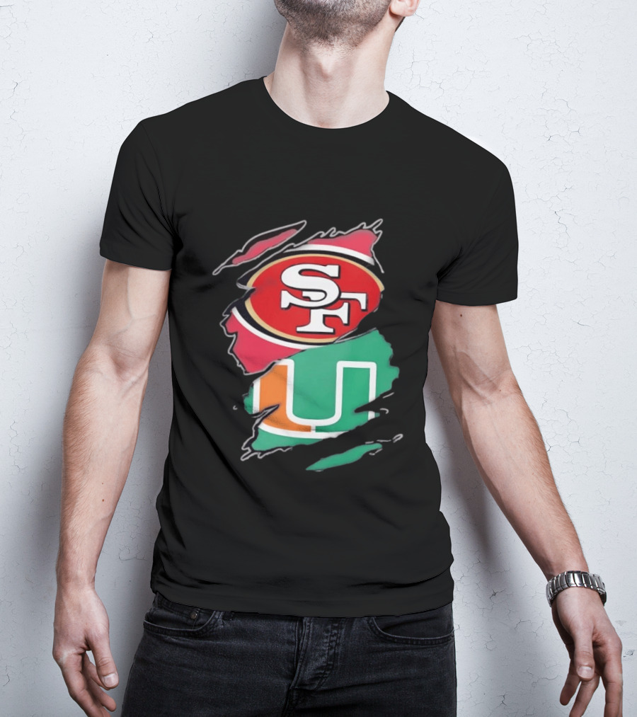 San Francisco 49ers SF And Miami Hurricanes U Distressed Logos T-Shirt