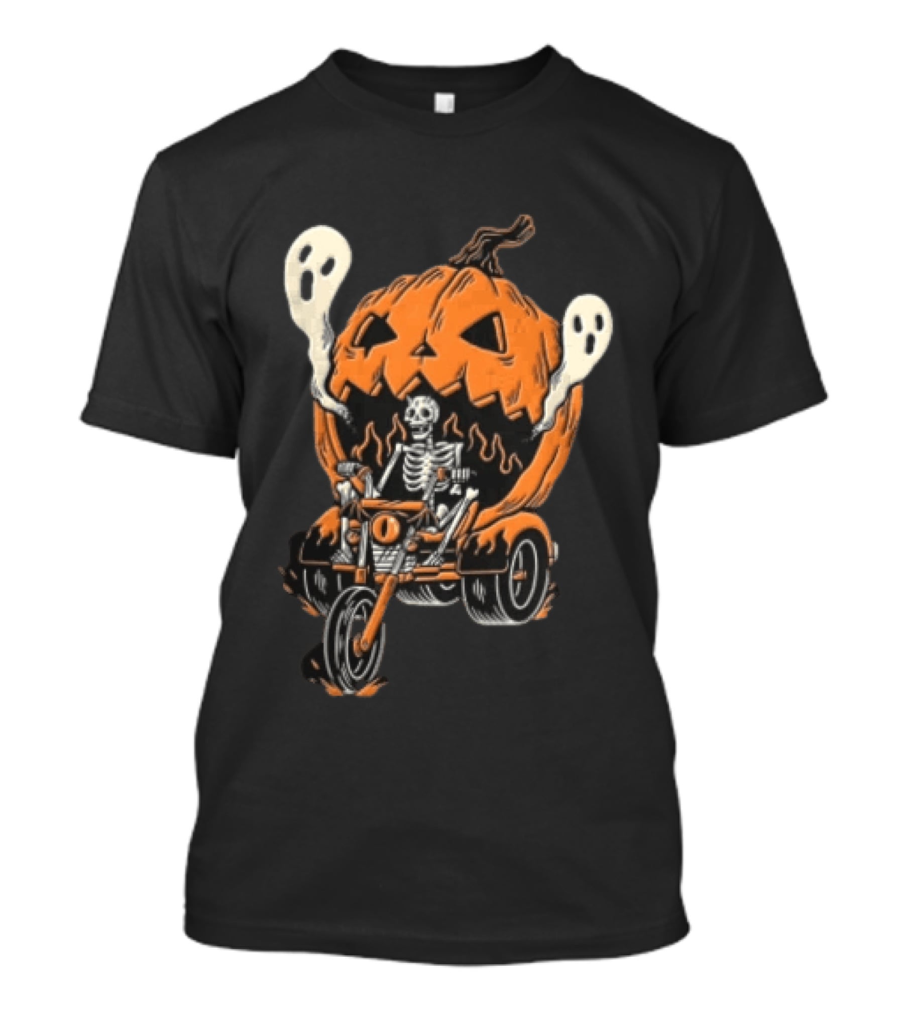 Skeleton Riding Tricycle Inside Giant Pumpkin With Ghosts Halloween T-Shirt