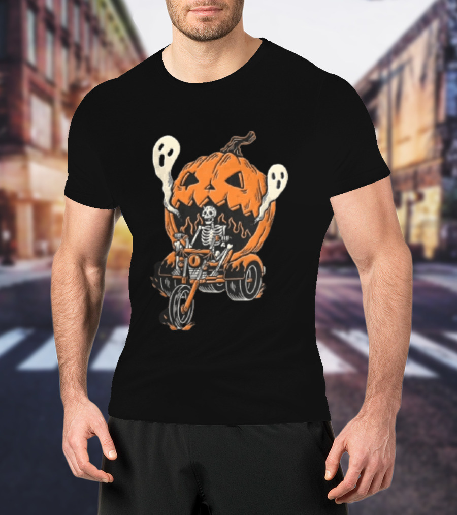 Skeleton Riding Tricycle Inside Giant Pumpkin With Ghosts Halloween T-Shirt