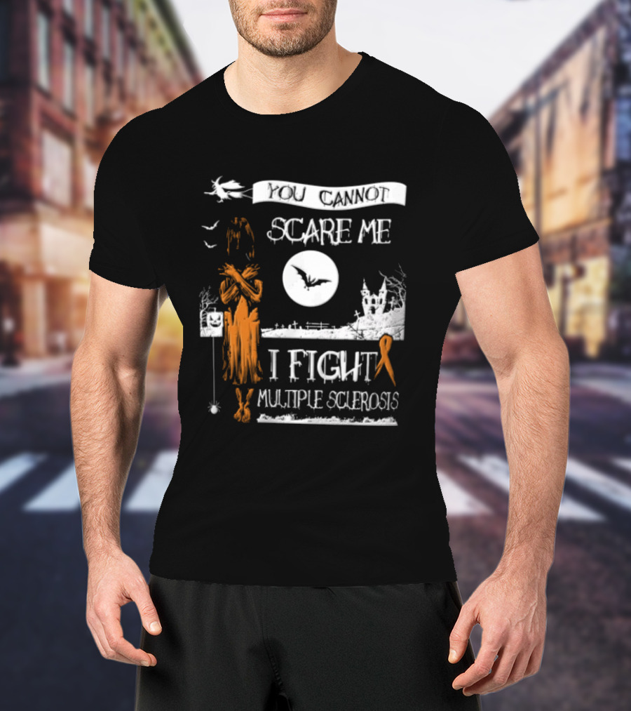 You Cannot Scare Me I Fight Multiple Sclerosis Halloween Witch Bats Moon Cemetery Ribbon T-Shirt