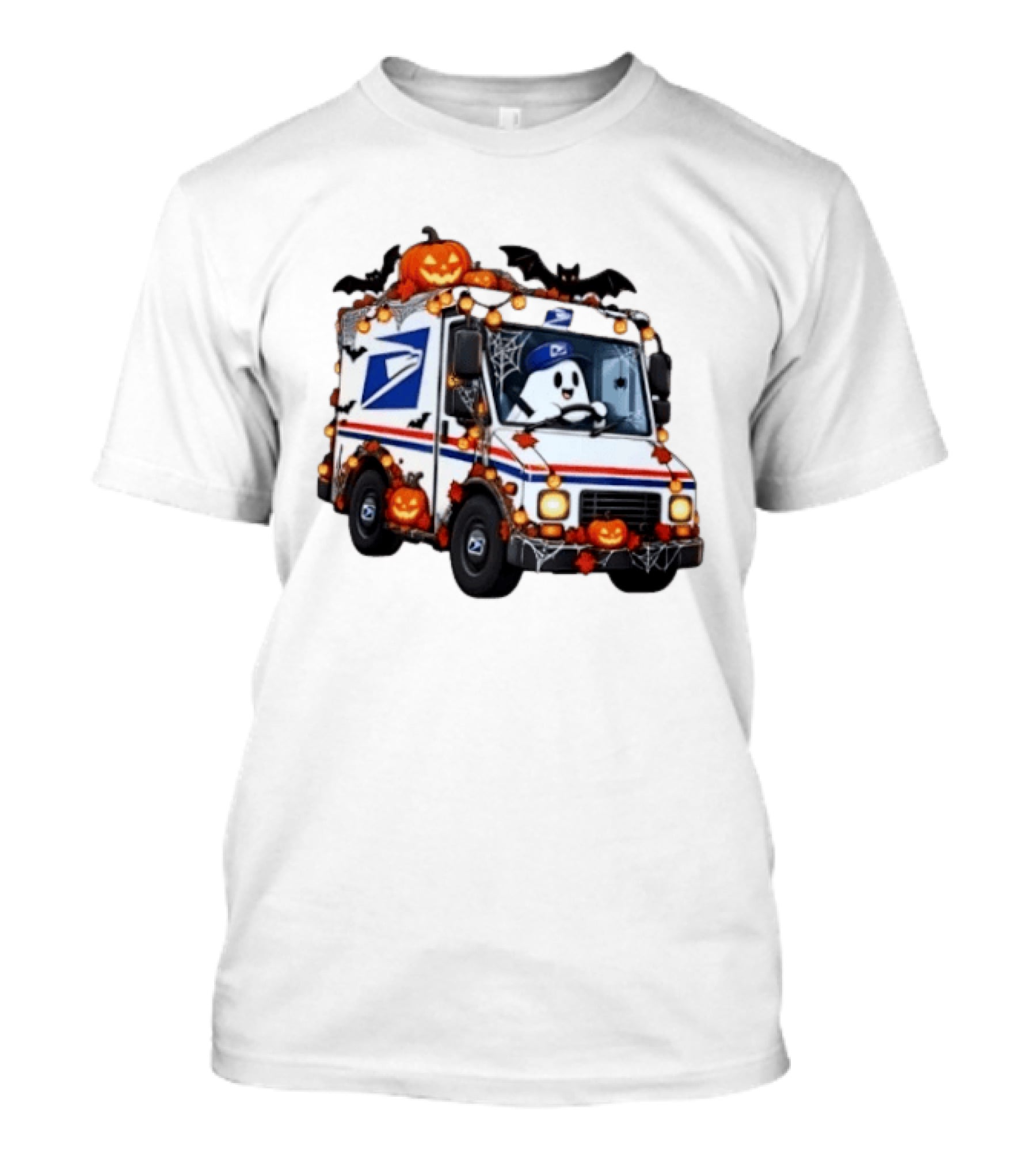 Halloween Ghost Driving USPS Mail Truck With Pumpkins And Bats T-Shirt