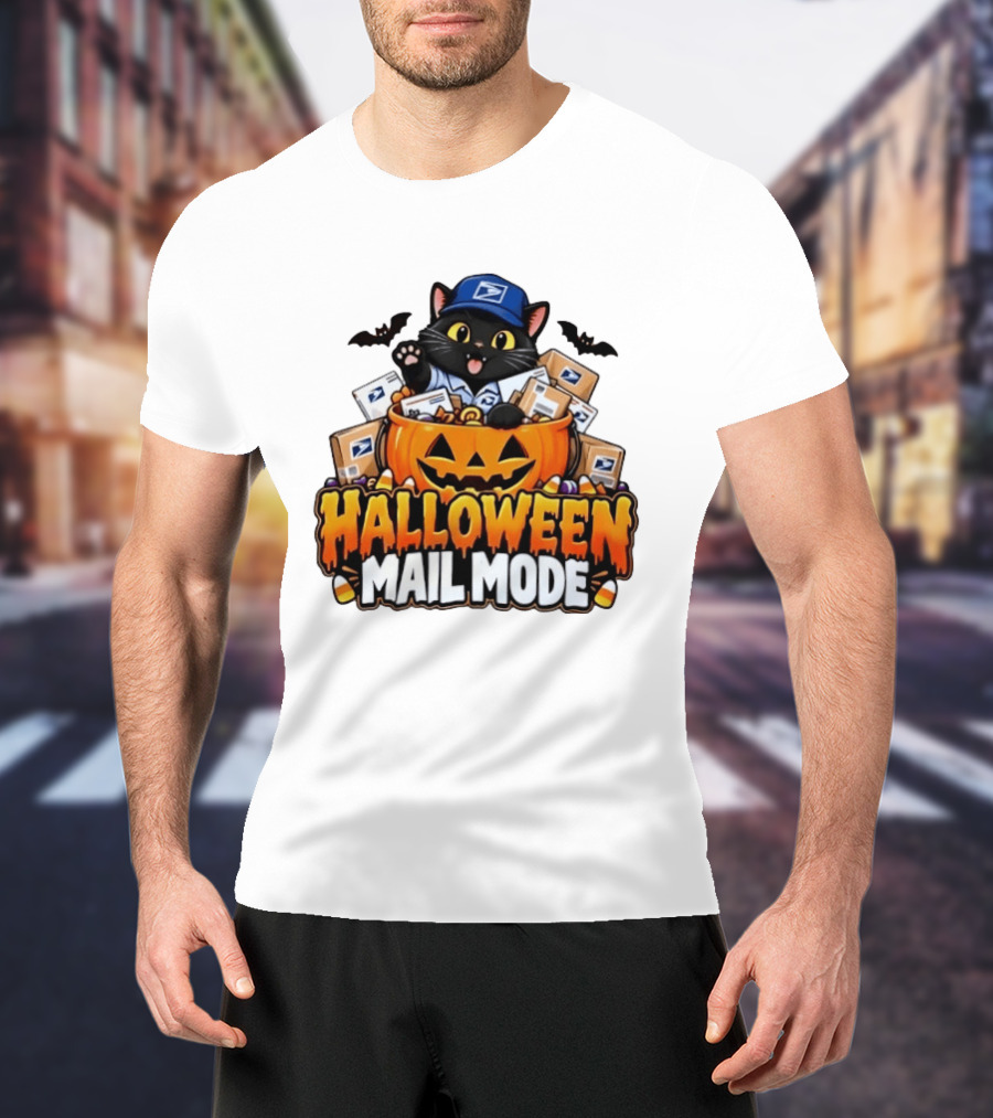 Halloween Mail Mode USPS Black Cat Pumpkin Postal Carrier T-Shirt