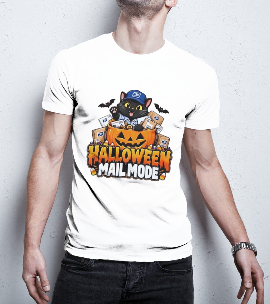 Halloween Mail Mode USPS Black Cat Pumpkin Postal Carrier T-Shirt