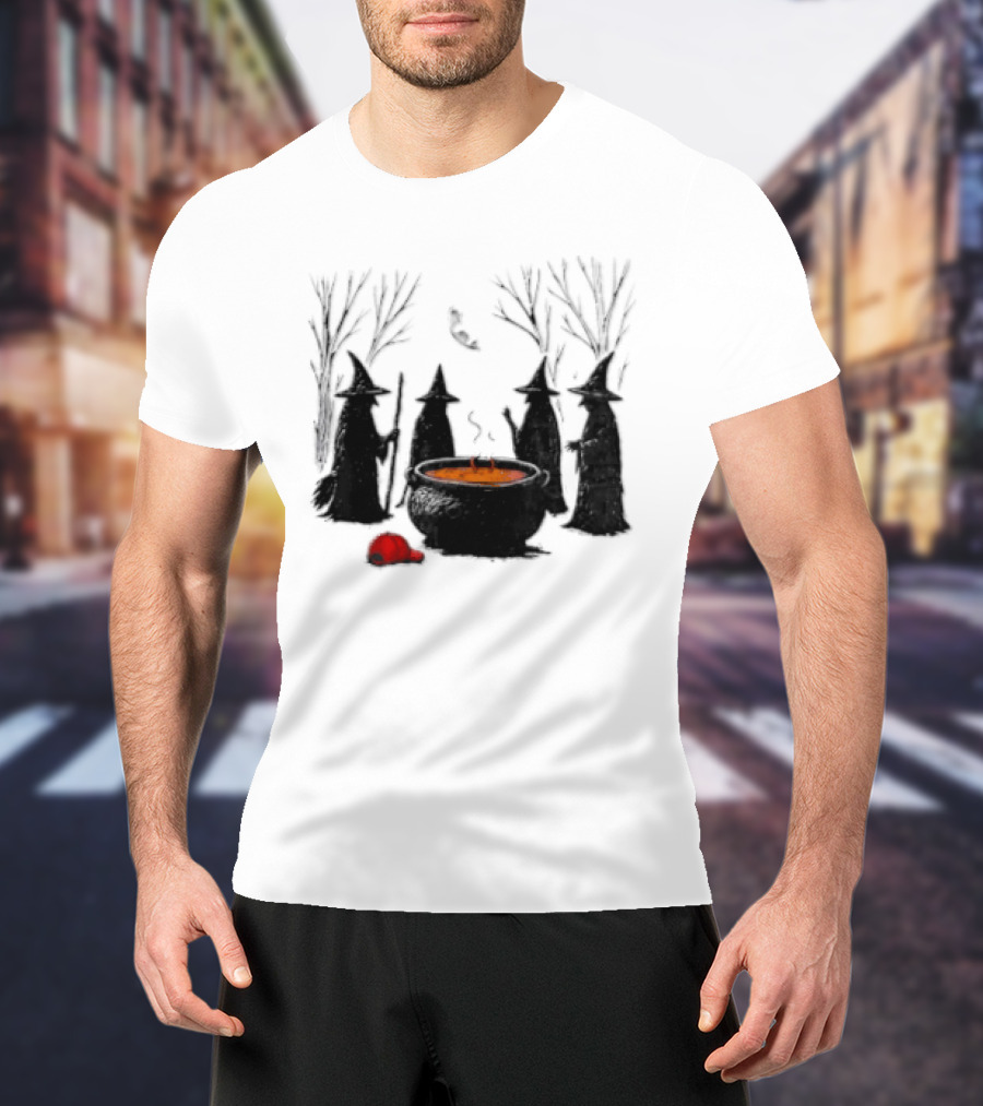 Witches Gathering Around Cauldron And Red Hat Halloween Scene T-Shirt