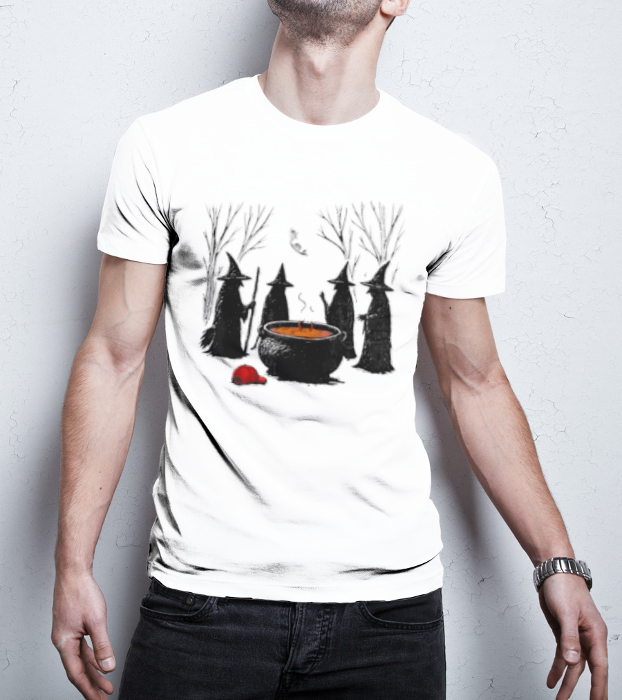 Witches Gathering Around Cauldron And Red Hat Halloween Scene T-Shirt