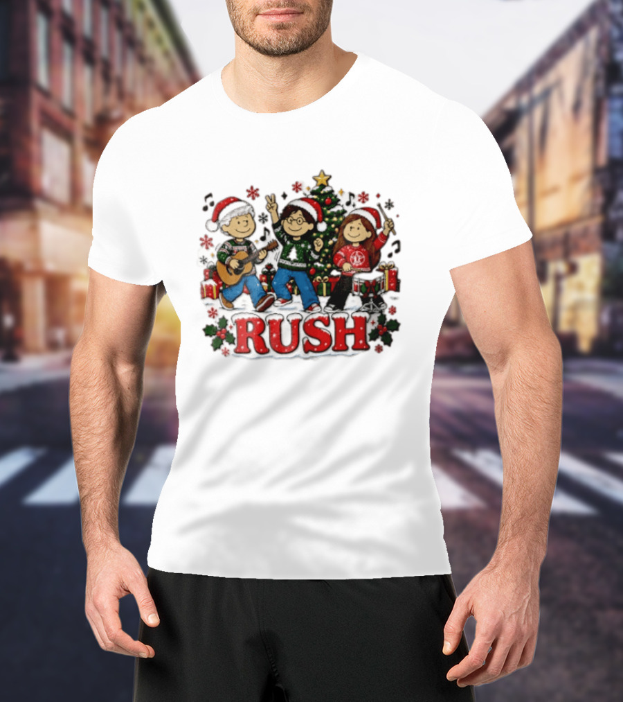 Rush Christmas Cartoon Characters Playing Instruments Festive Holiday Scene T-Shirt