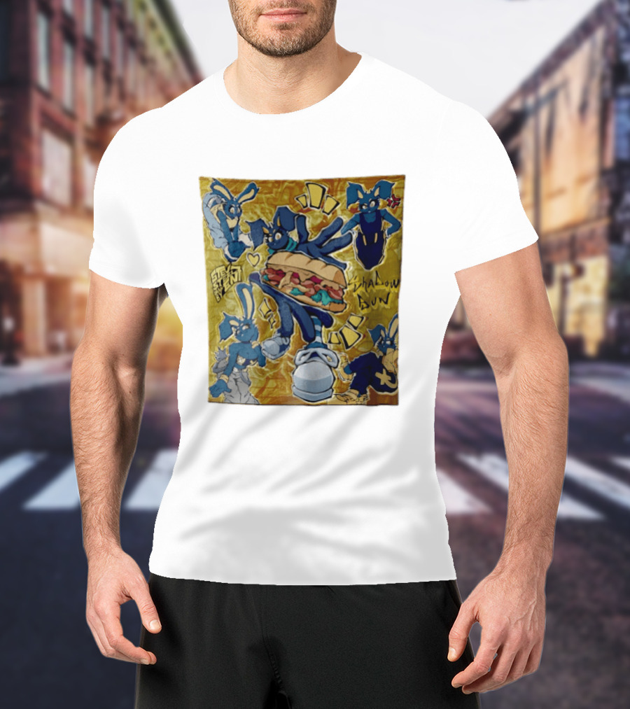 Shadow Bun Blue Rabbit Characters With Sandwich And Stevobeni T-Shirt