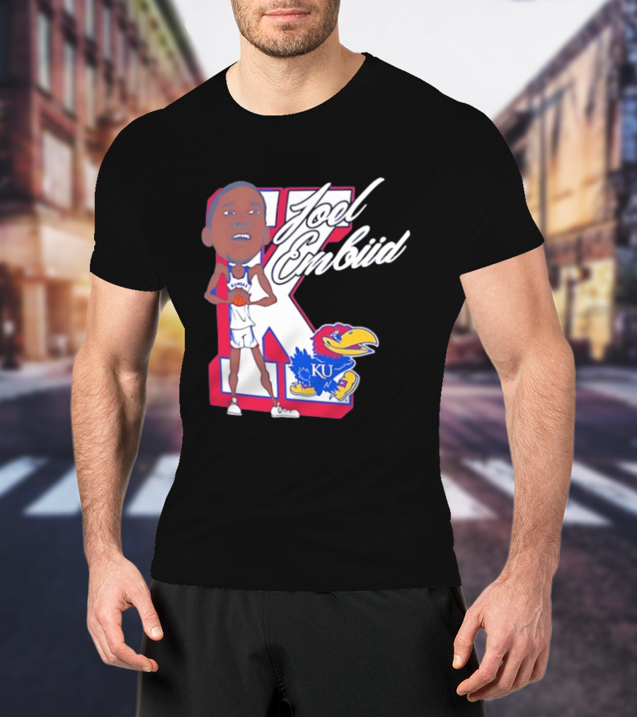 Joel Embiid Kansas Jayhawks KU Cartoon Bobblehead T-Shirt