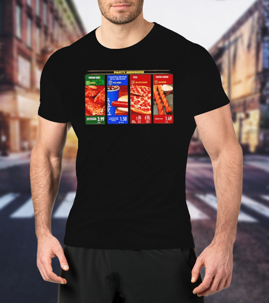Party Members Menu Chicken Bake Sage Paladin Beverage Hot Dog Black Mage Pepperoni Pizza Dancer Twisted Churro T-Shirt